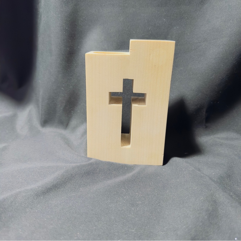 Rustic Wooden Block Unvarnished Double Votive Candle Holder Relief Cross